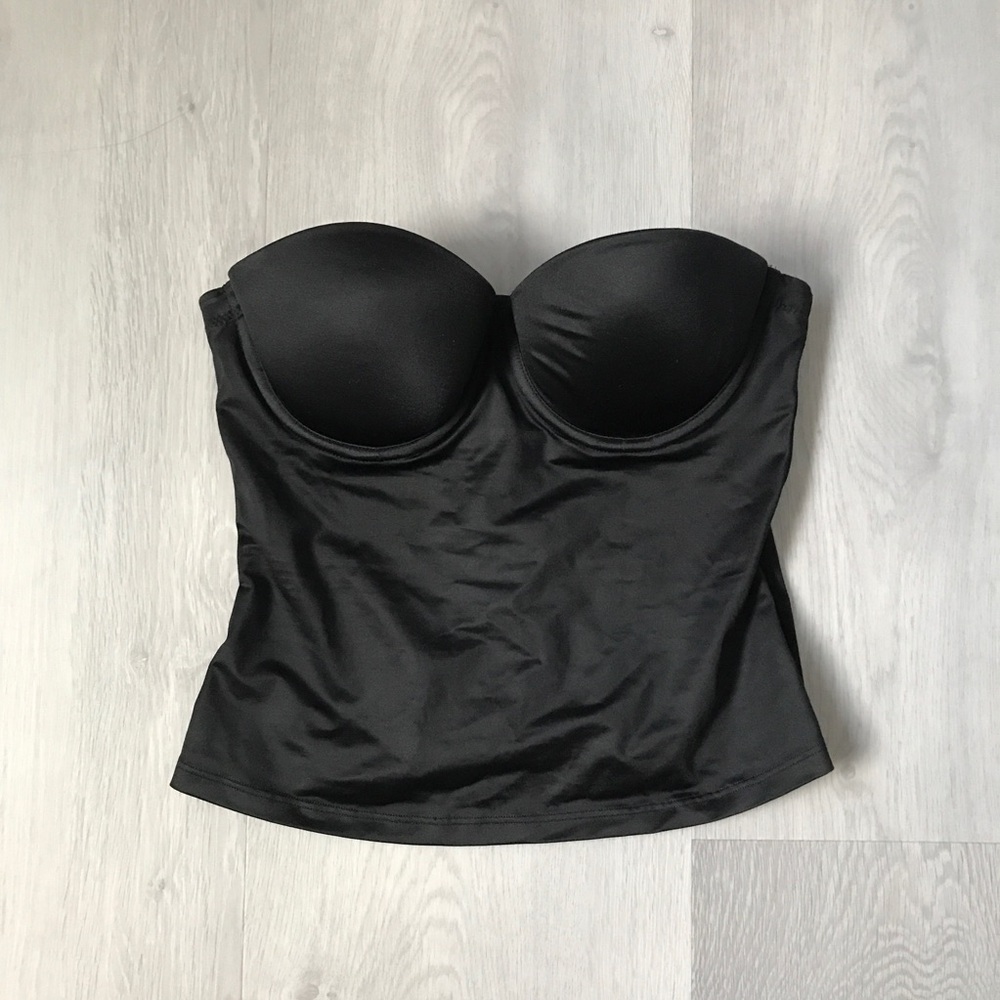 VICTORIAS SECRET BLACK SATIN CORSET SMOOTHING GIRDLE LONGLINE BRA CORSET 34B